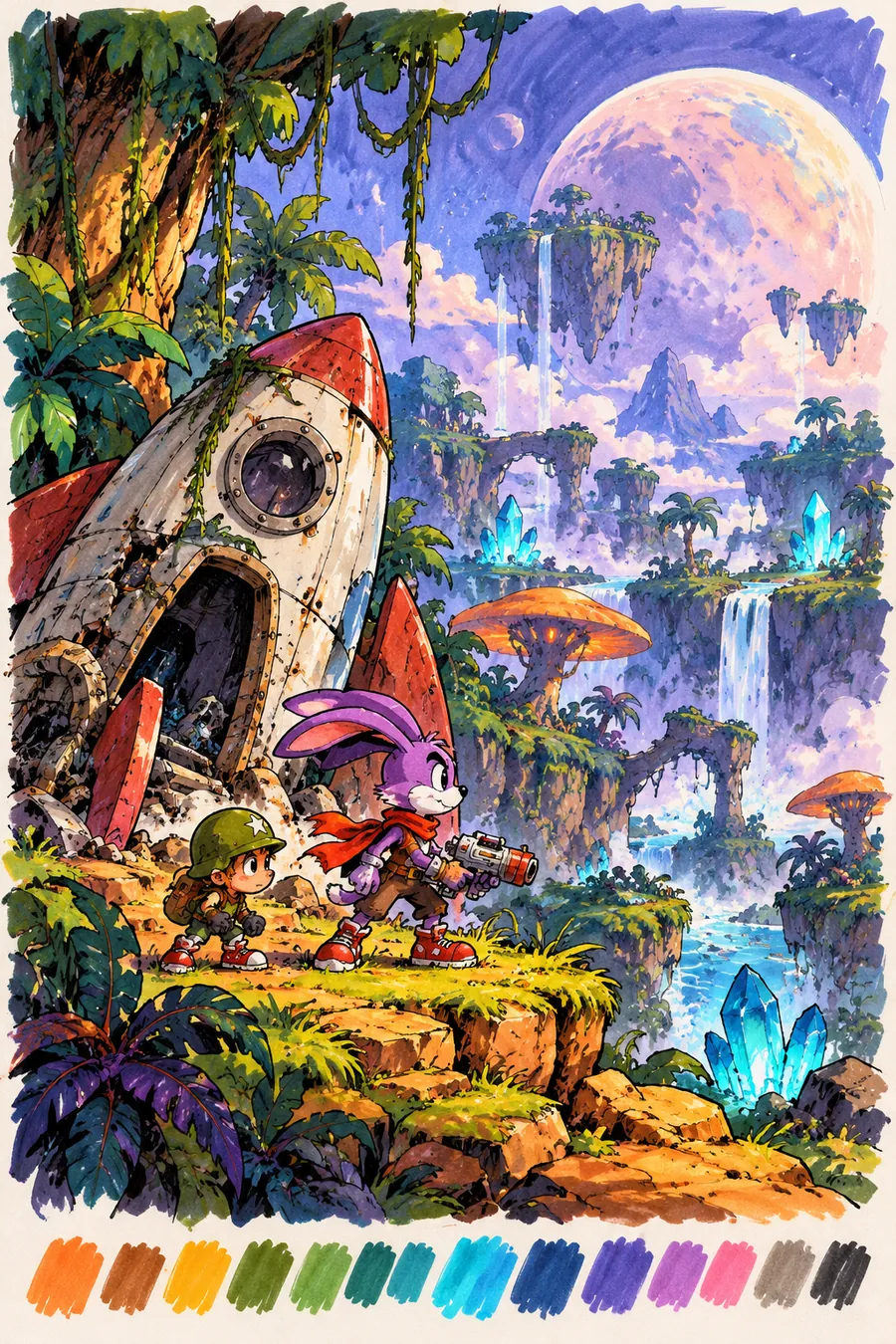 Colour study: Rocket and Oliver beside their crashed ship in Lumen Grove