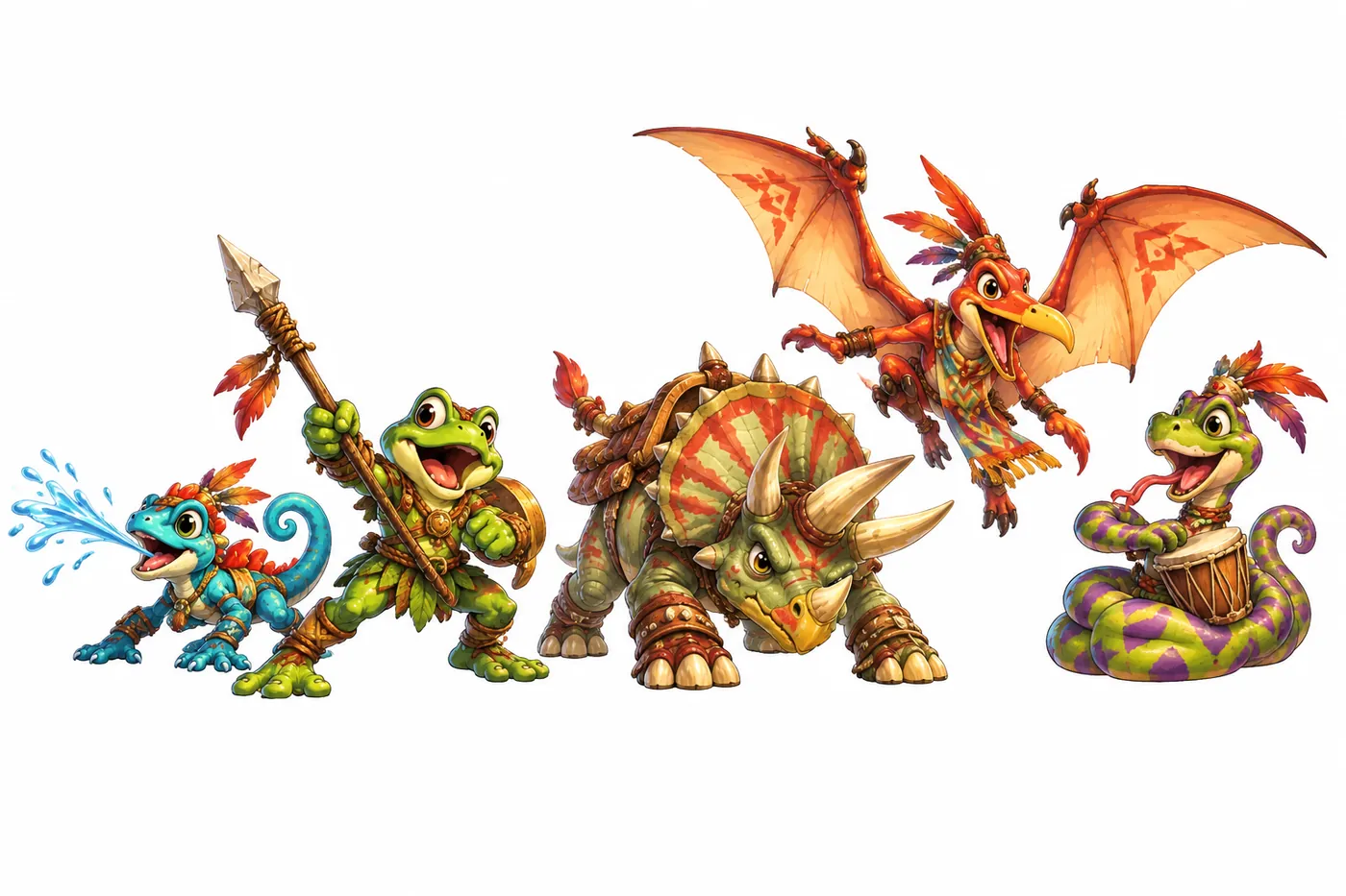 The Reptile Tribe line-up: gecko, frog warrior, triceratops, pterodactyl and the Turtle Chief