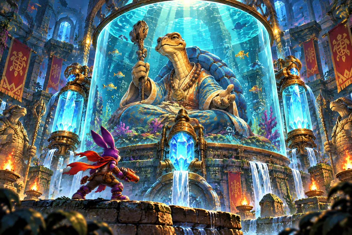 The Turtle Chief sitting in his great aquarium throne room, with Rocket in the foreground