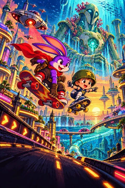 Chapter 5 poster: a skateboard chase through a retro-future city