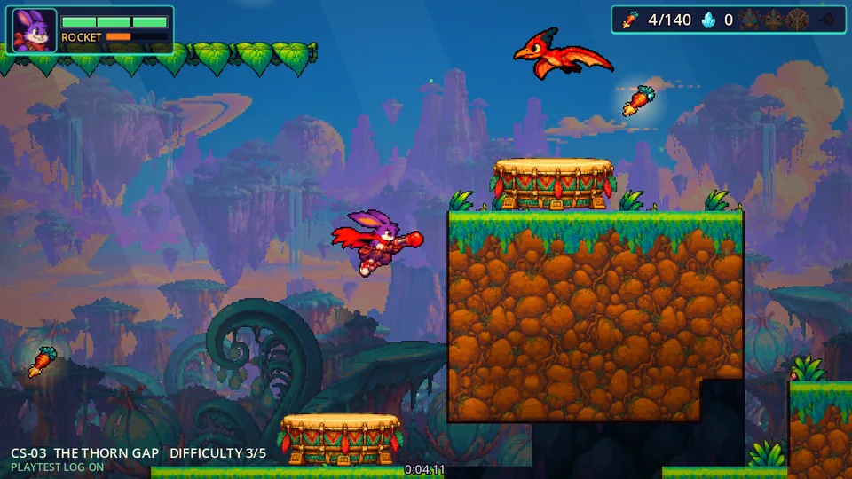 Rocket leaps over the Thorn Gap in Lumen Grove while a pterodactyl scout circles above
