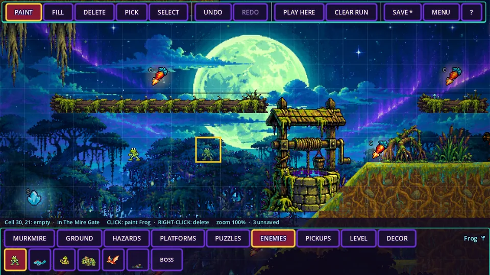 The level editor painting a Murkmire Swamp level with the enemy palette open